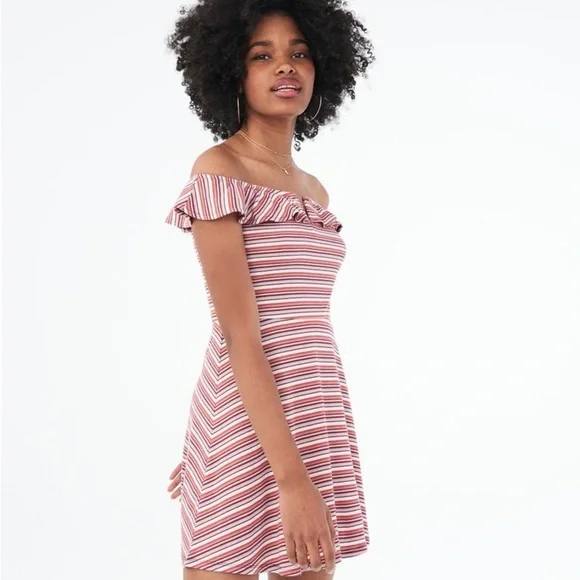 AEROPOSTALE Striped V-Wire Off-The-Shoulder Fit & Flare Mini Dress Size Small - Picture 7 of 12